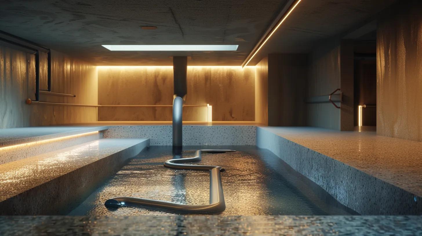 a sleek and modern basement equipped with a high-tech drainage system, showcasing pipes and channels efficiently directing water away from the foundation, all under warm, ambient lighting that emphasizes the structural integrity of the space.