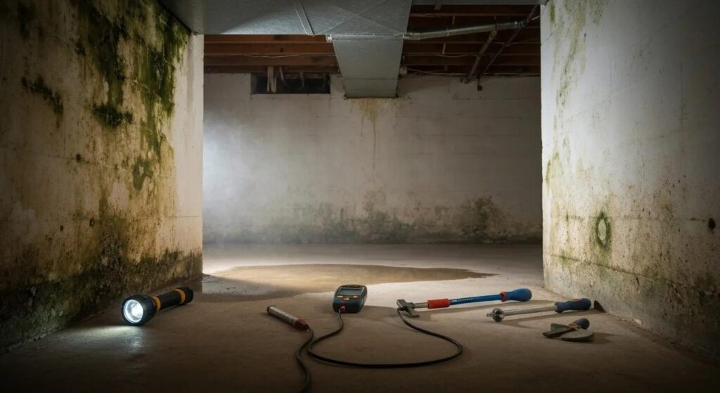 A Hamilton, NJ basement showing signs of water intrusion, with tools ready for expert leak identification and effective repair solutions.