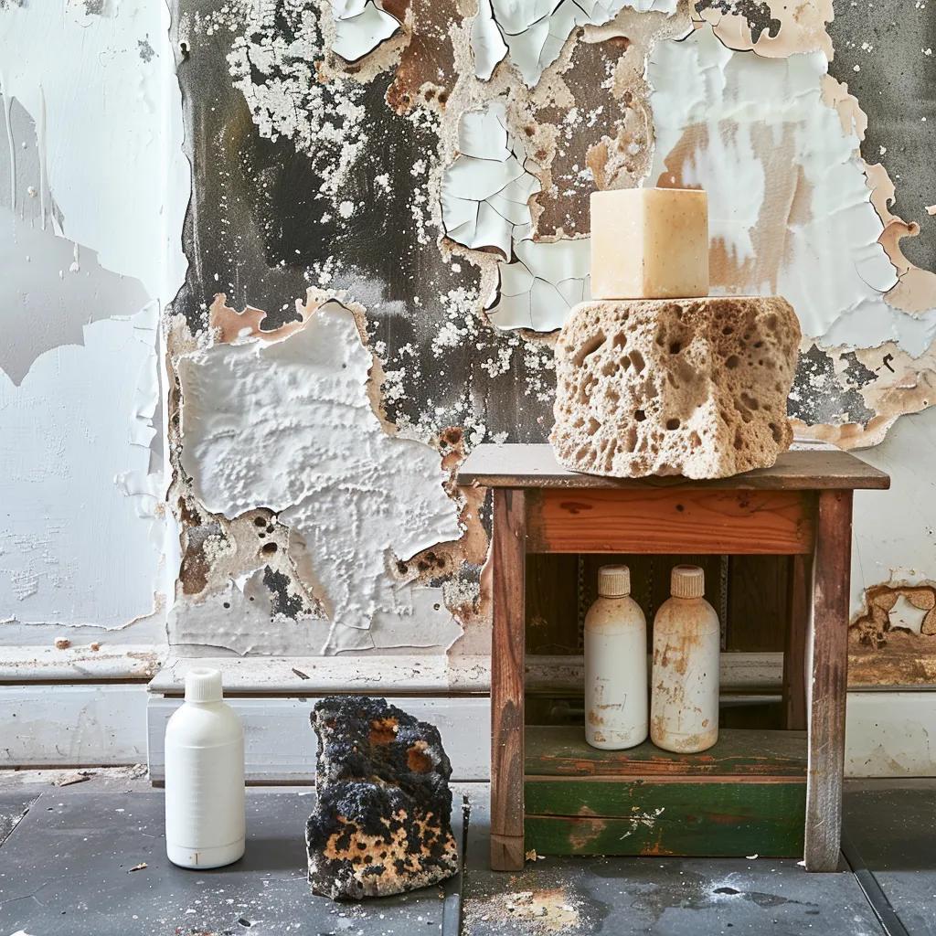 Close-up of different types of mold on surfaces in a basement, illustrating common visual signs of mold growth