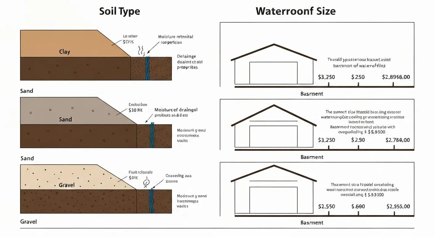 Illustration of soil types and basement sizes affecting waterproofing costs