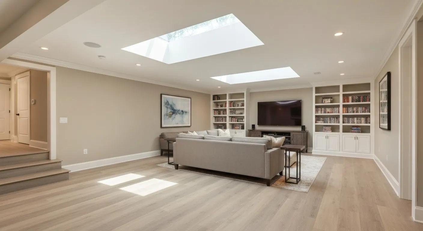 Transformed dry basement into a cozy family room showcasing waterproofing benefits