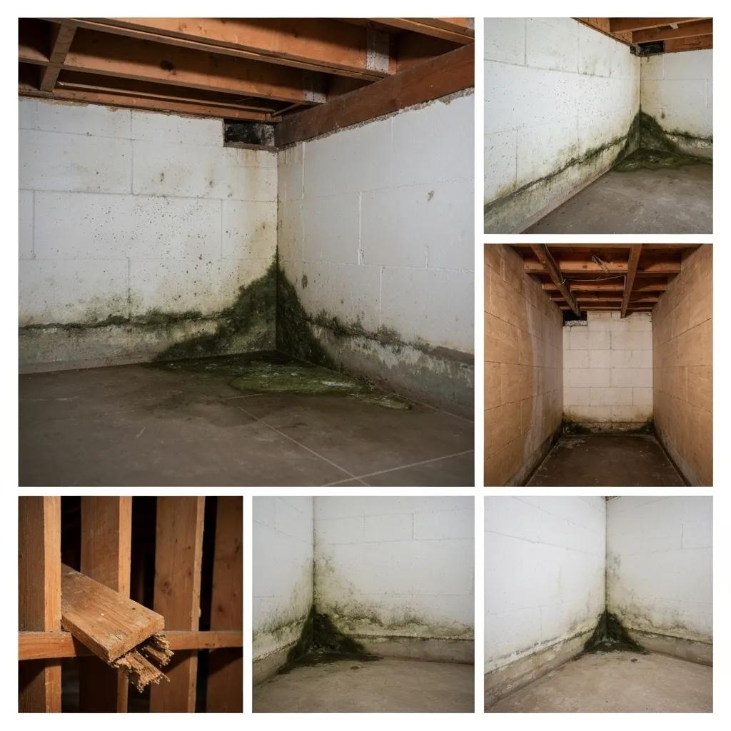 Detailed view of common basement water intrusion signs: white powdery efflorescence on walls, visible mold patches, and distinct wall cracks