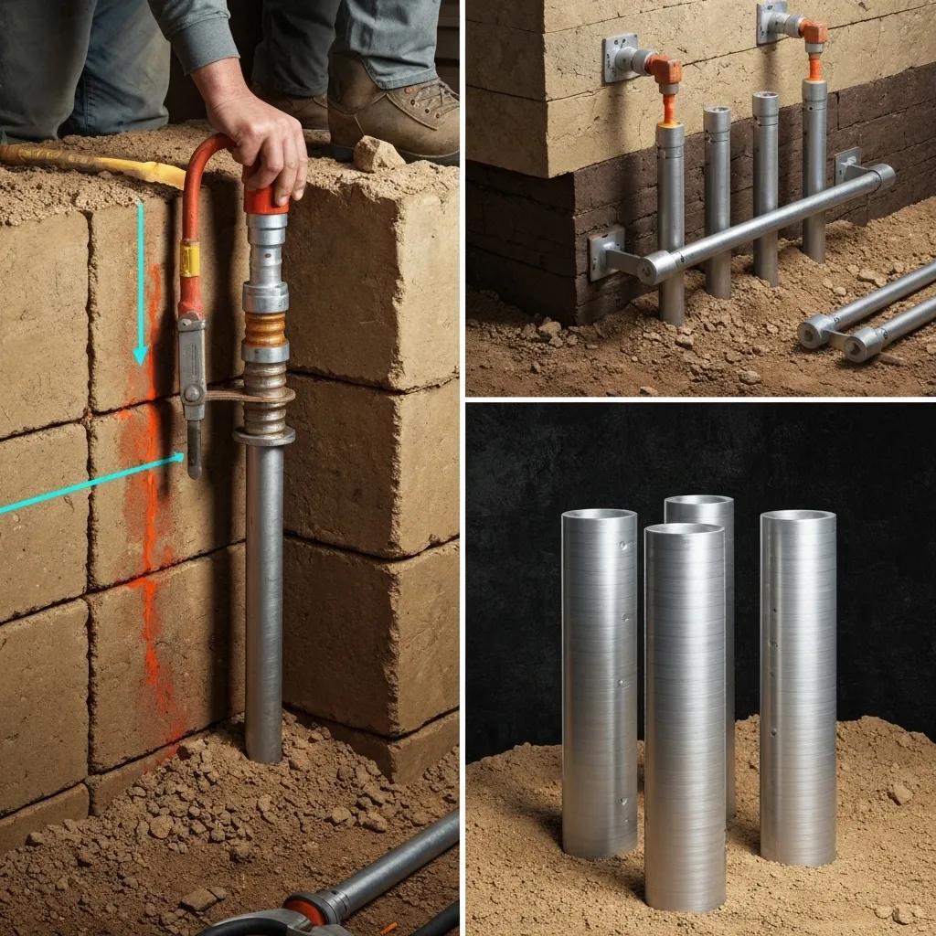 Diagram illustrating effective foundation repair techniques: epoxy injection for cracks, carbon fiber straps for bowing walls, and helical piers for stabilization