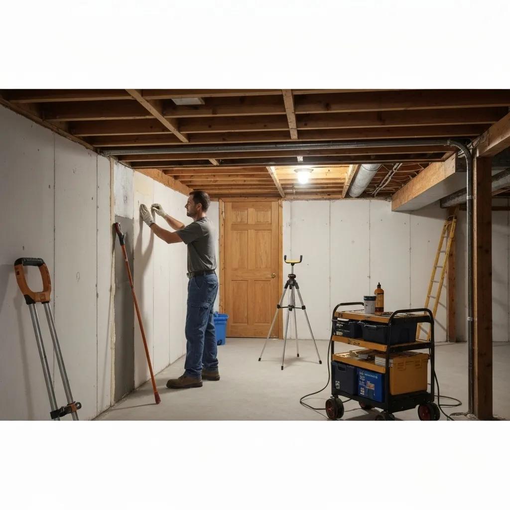 Professional basement waterproofing technician applying waterproofing materials in a residential basement