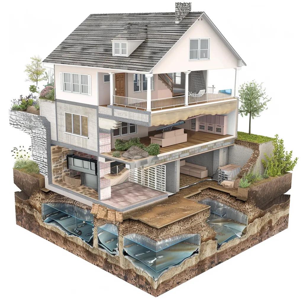 Illustration showing waterproofing layers protecting a foundation from water and mold